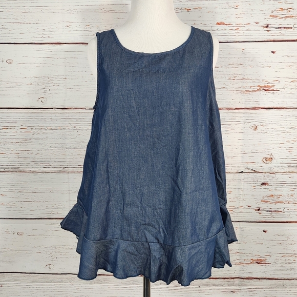 Denim Style Ruffle Hem Top - Picture 1 of 5